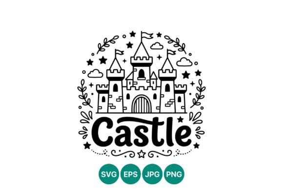 Black White Castle Line Art Wreath: Graphics & Illustrations