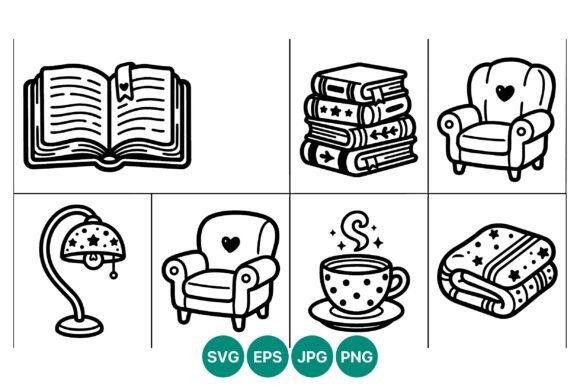 Cozy Book and Armchair Line Icons: Graphics & Illustrations