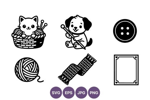 Cute Cat Dog Yarn Knitting Illustrations & Graphics