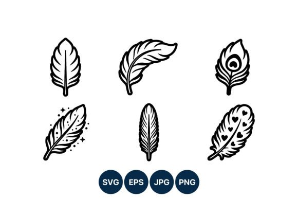 Feather Line Art Icons: Black & White Graphics & Illustrations
