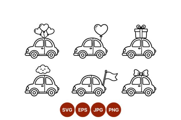 Line Art Car Icons with Balloons Gift: Graphics & Illustrations