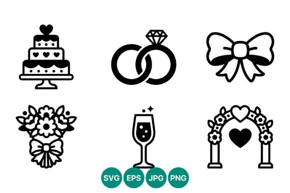 Wedding Cake Rings Bow Bouquet Icons Graphics & Illustrations