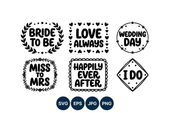 Wedding Love Phrases Set: Black & White Illustrations